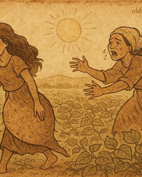 Parchment-style illustration of Adzanumee turning back into a yam as her mother weeps, Ashanti folktale from Ghana.