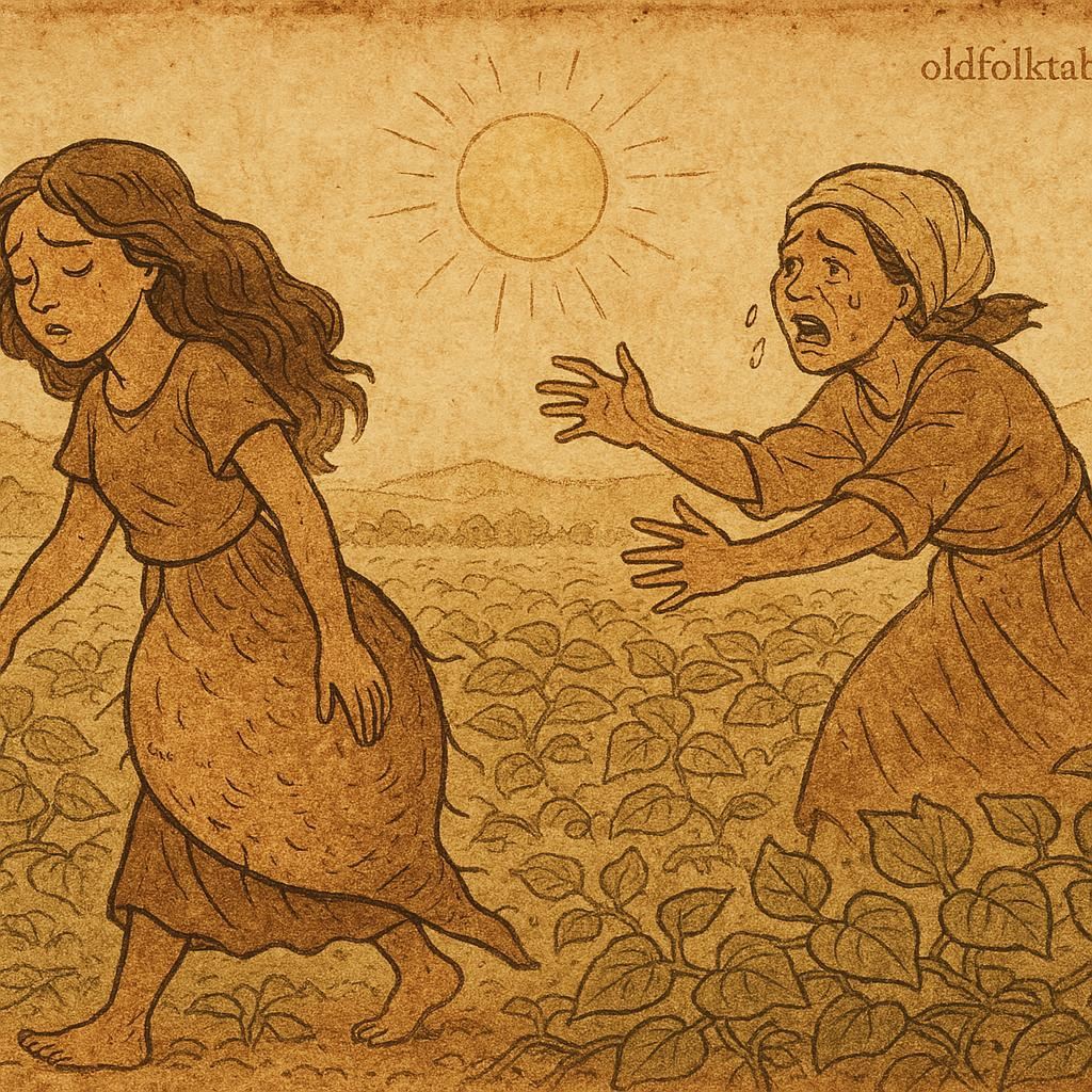 Parchment-style illustration of Adzanumee turning back into a yam as her mother weeps, Ashanti folktale from Ghana.