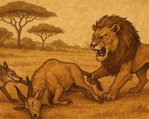 Parchment-style illustration of Lion pulling Jackal from eland carcass, African folktale with sly trickery and savannah setting.