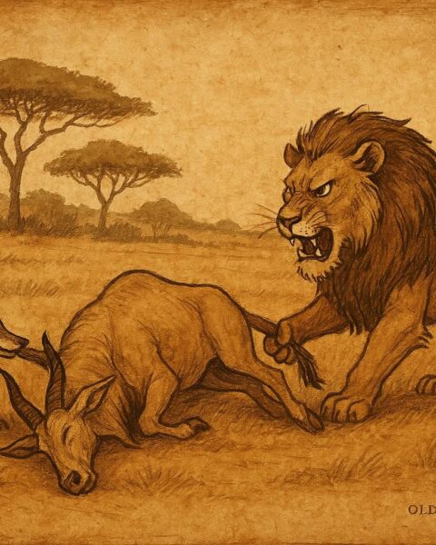 Parchment-style illustration of Lion pulling Jackal from eland carcass, African folktale with sly trickery and savannah setting.