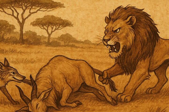 Parchment-style illustration of Lion pulling Jackal from eland carcass, African folktale with sly trickery and savannah setting.