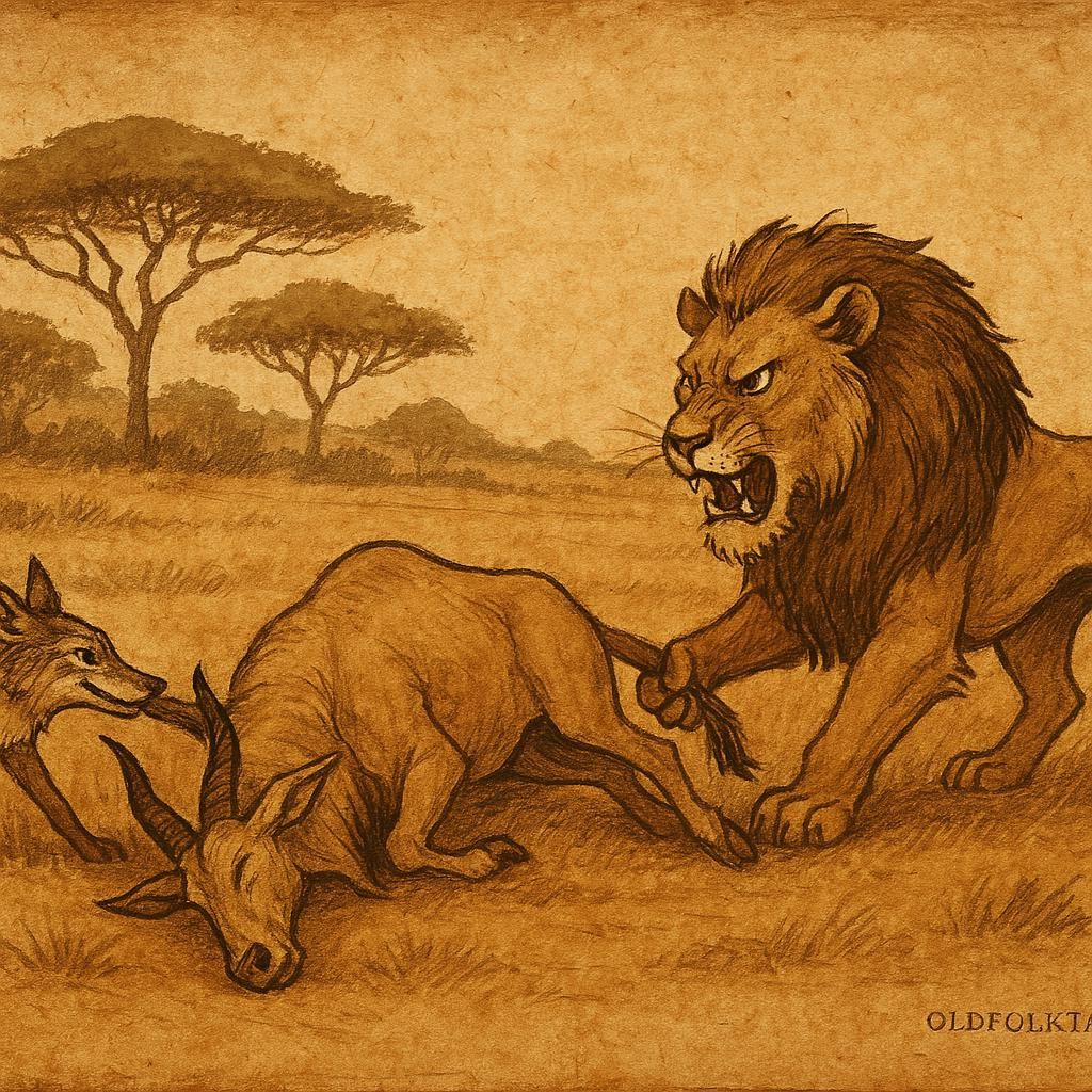 Parchment-style illustration of Lion pulling Jackal from eland carcass, African folktale with sly trickery and savannah setting.