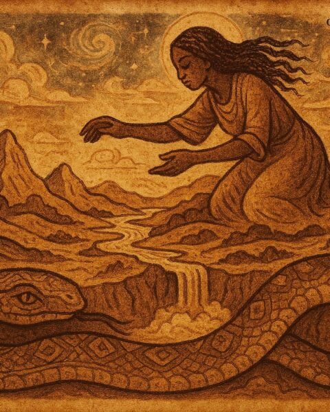 Parchment-style illustration of Aido-Hwedo serpent coiled beneath the earth, supporting creation, Beninese folktale.