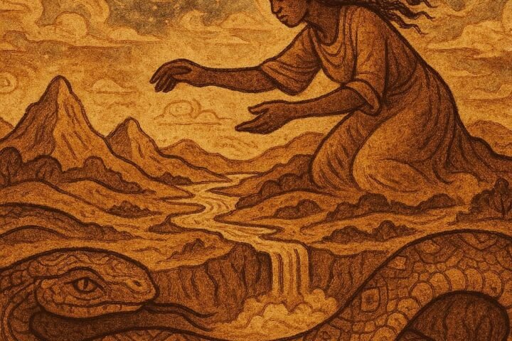 Parchment-style illustration of Aido-Hwedo serpent coiled beneath the earth, supporting creation, Beninese folktale.