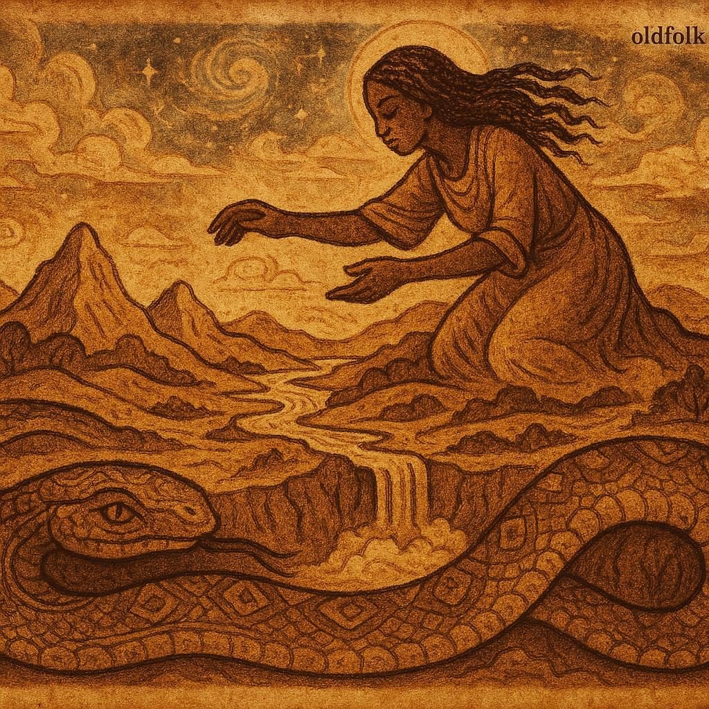 Parchment-style illustration of Aido-Hwedo serpent coiled beneath the earth, supporting creation, Beninese folktale.