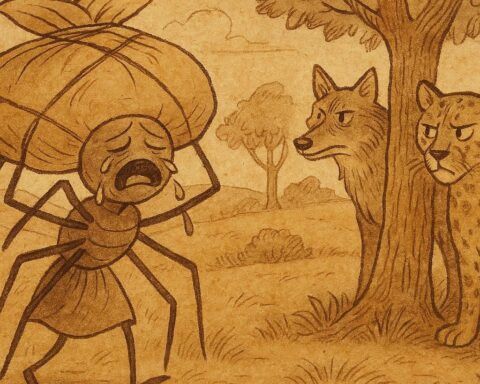 Parchment-style illustration of Spider carrying a bundle, watched by Wolf and Leopard, African folktale.