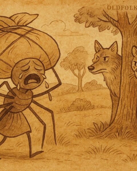 Parchment-style illustration of Spider carrying a bundle, watched by Wolf and Leopard, African folktale.