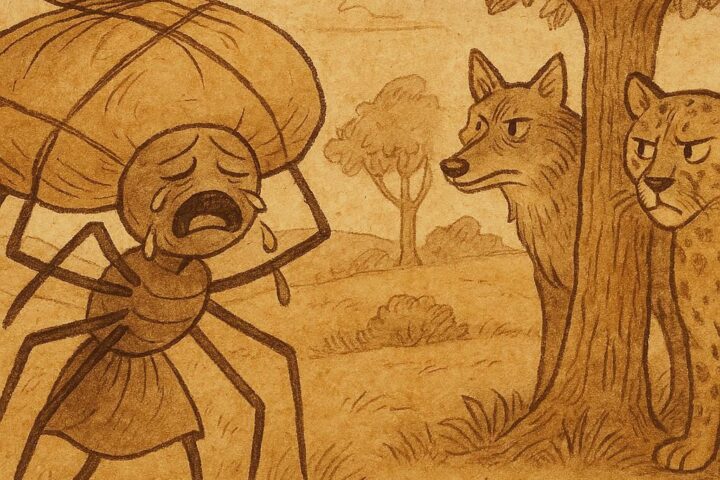 Parchment-style illustration of Spider carrying a bundle, watched by Wolf and Leopard, African folktale.