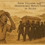 Parchment-style illustration of an Akim villager watching a grand funeral procession in Accra, Ghanaian folktale scene.