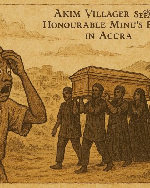 Parchment-style illustration of an Akim villager watching a grand funeral procession in Accra, Ghanaian folktale scene.