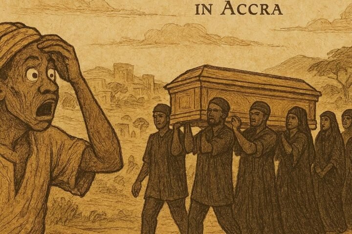 Parchment-style illustration of an Akim villager watching a grand funeral procession in Accra, Ghanaian folktale scene.