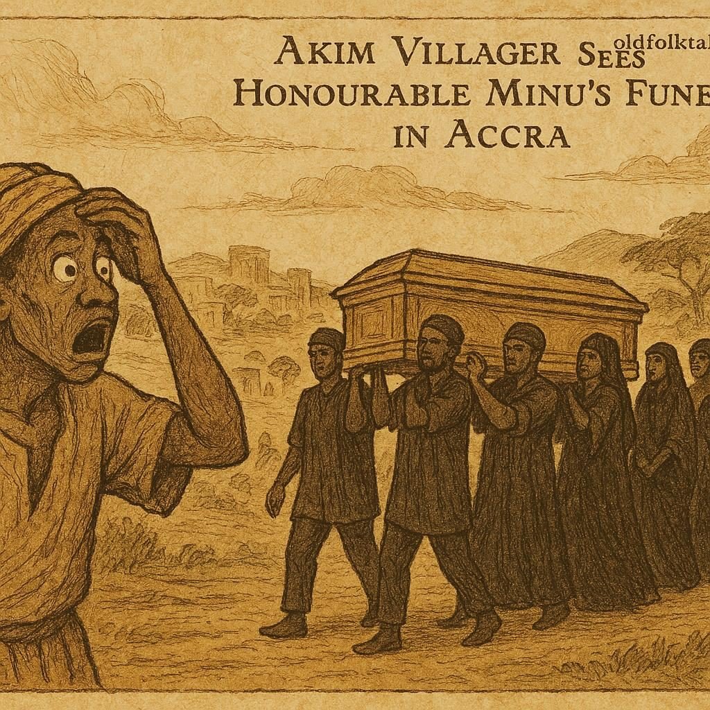 Parchment-style illustration of an Akim villager watching a grand funeral procession in Accra, Ghanaian folktale scene.