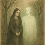A woman stands with her ghostly husband in a forest, surrounded by a pale, eerie but calm glow – Igbo folktales