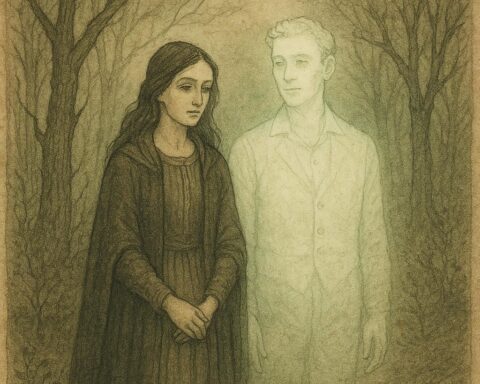 A woman stands with her ghostly husband in a forest, surrounded by a pale, eerie but calm glow – Igbo folktales