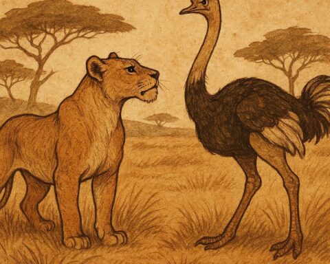 Parchment-style African folktale illustration showing a lioness and ostrich facing each other in the savannah, highlighting strength and rivalry.