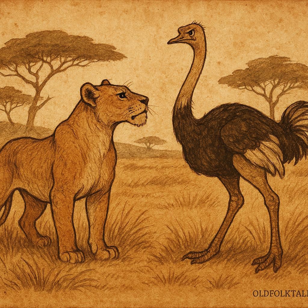 Parchment-style African folktale illustration showing a lioness and ostrich facing each other in the savannah, highlighting strength and rivalry.