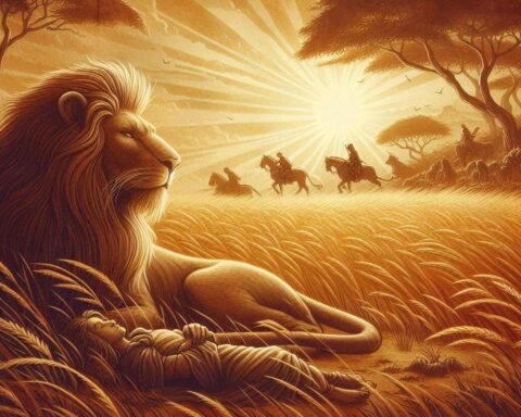 Parchment-style illustration of a lion ignoring his mother’s warning, hunted by Bushmen with bows. African folktale.