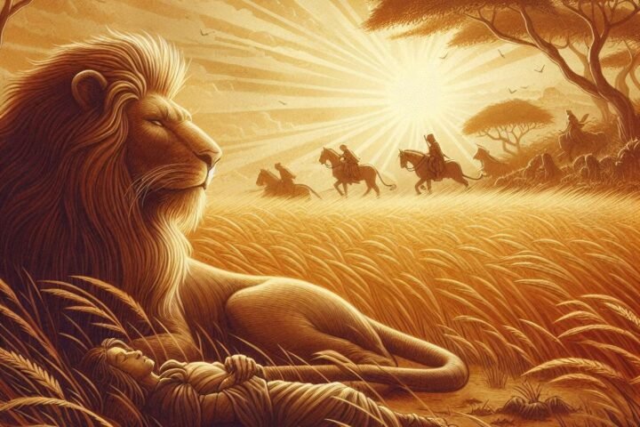 Parchment-style illustration of a lion ignoring his mother’s warning, hunted by Bushmen with bows. African folktale.