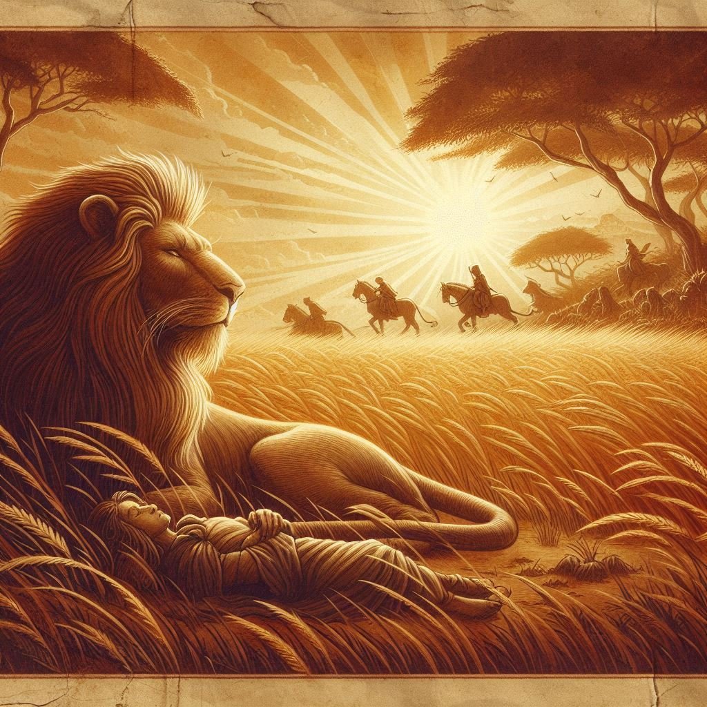 The Lion Who Thought Himself Wiser Than His Mother – OldFolktales.com | FolktalesAfrica.com Parchment-style illustration of a lion ignoring his mother’s warning, hunted by Bushmen with bows. African folktale.