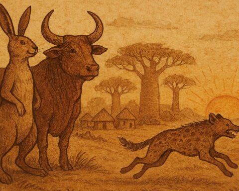 Parchment-style illustration of a monkey, dog, hare, and hyena in Senegalese folktales, showing cleverness and patience.