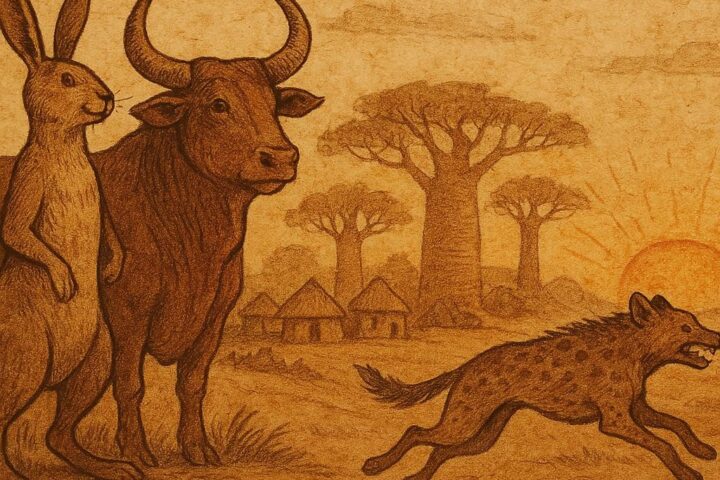 Parchment-style illustration of a monkey, dog, hare, and hyena in Senegalese folktales, showing cleverness and patience.