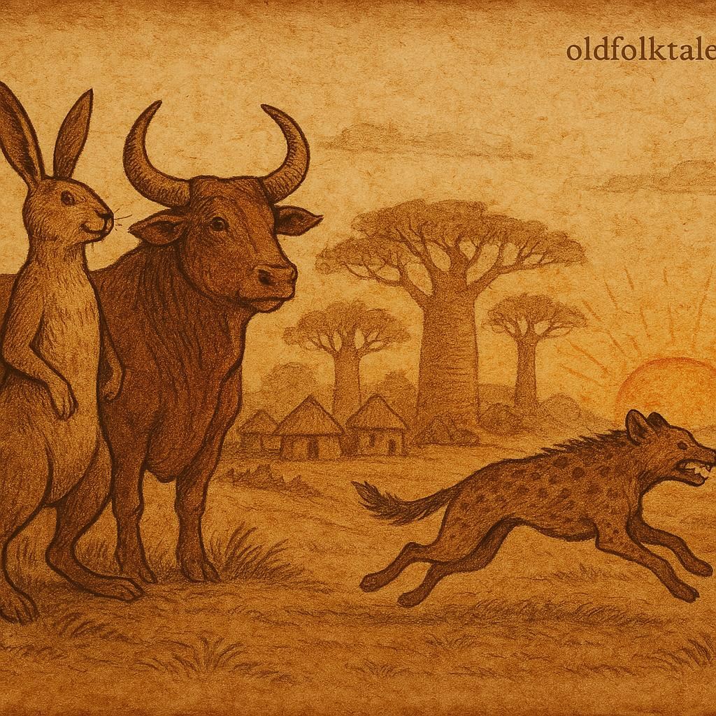 Parchment-style illustration of a monkey, dog, hare, and hyena in Senegalese folktales, showing cleverness and patience.
