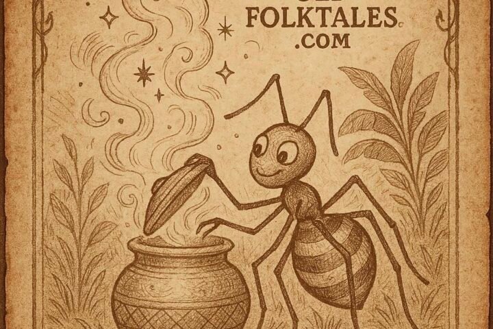 Kwaku Ananse, the spider trickster, with a glowing magic pot -Akan folktales
