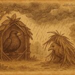 Parchment-style illustration of ’Nsasak bird in strong house and Odudu bird in rain, Nigerian folktale.