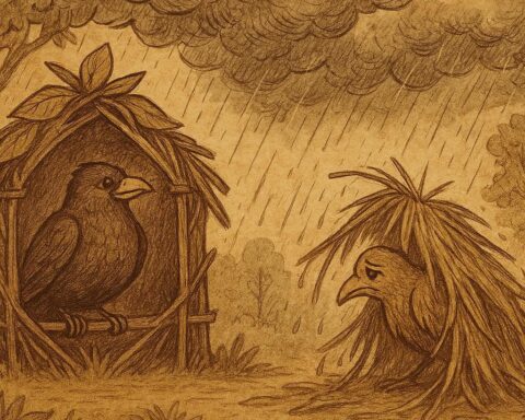 Parchment-style illustration of ’Nsasak bird in strong house and Odudu bird in rain, Nigerian folktale.