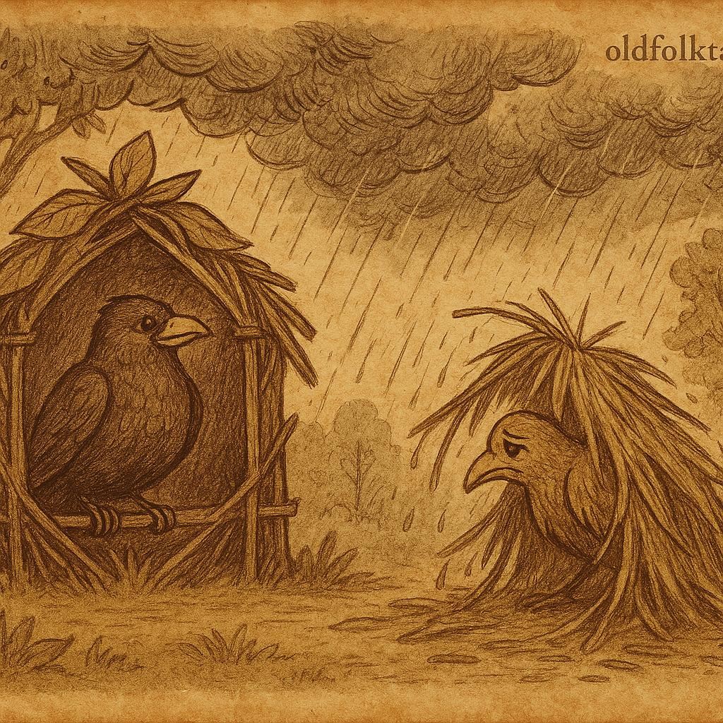 Parchment-style illustration of ’Nsasak bird in strong house and Odudu bird in rain, Nigerian folktale.