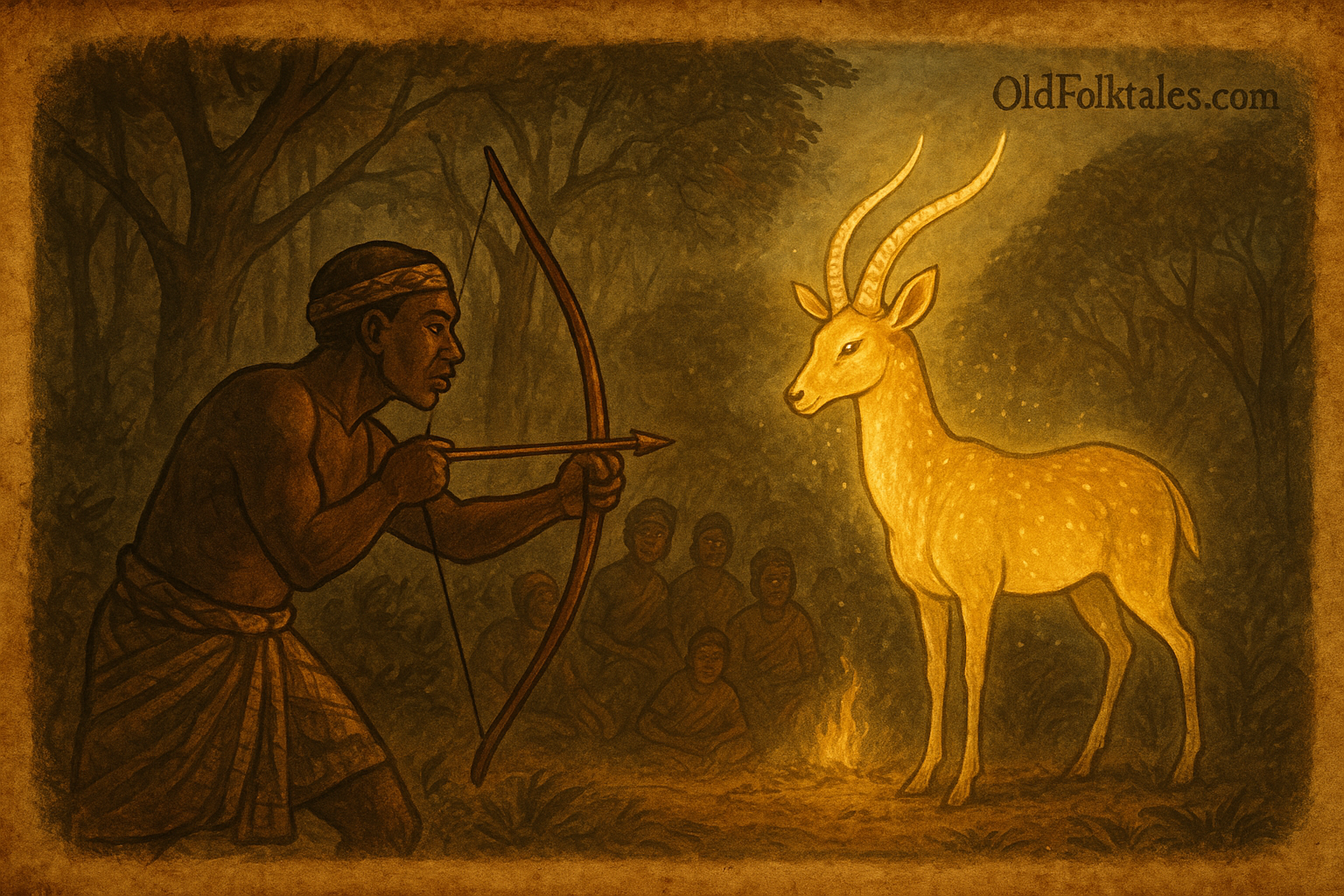 The Hunter and the Magical Antelope Yoruba Folktale | FolktalesAfrica.com Yoruba hunter aims at a glowing magical antelope in the forest while villagers watch in awe.