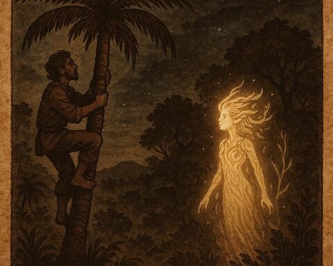 Igbo palm wine tapper chooses plain calabash before the Forest God in the forest.