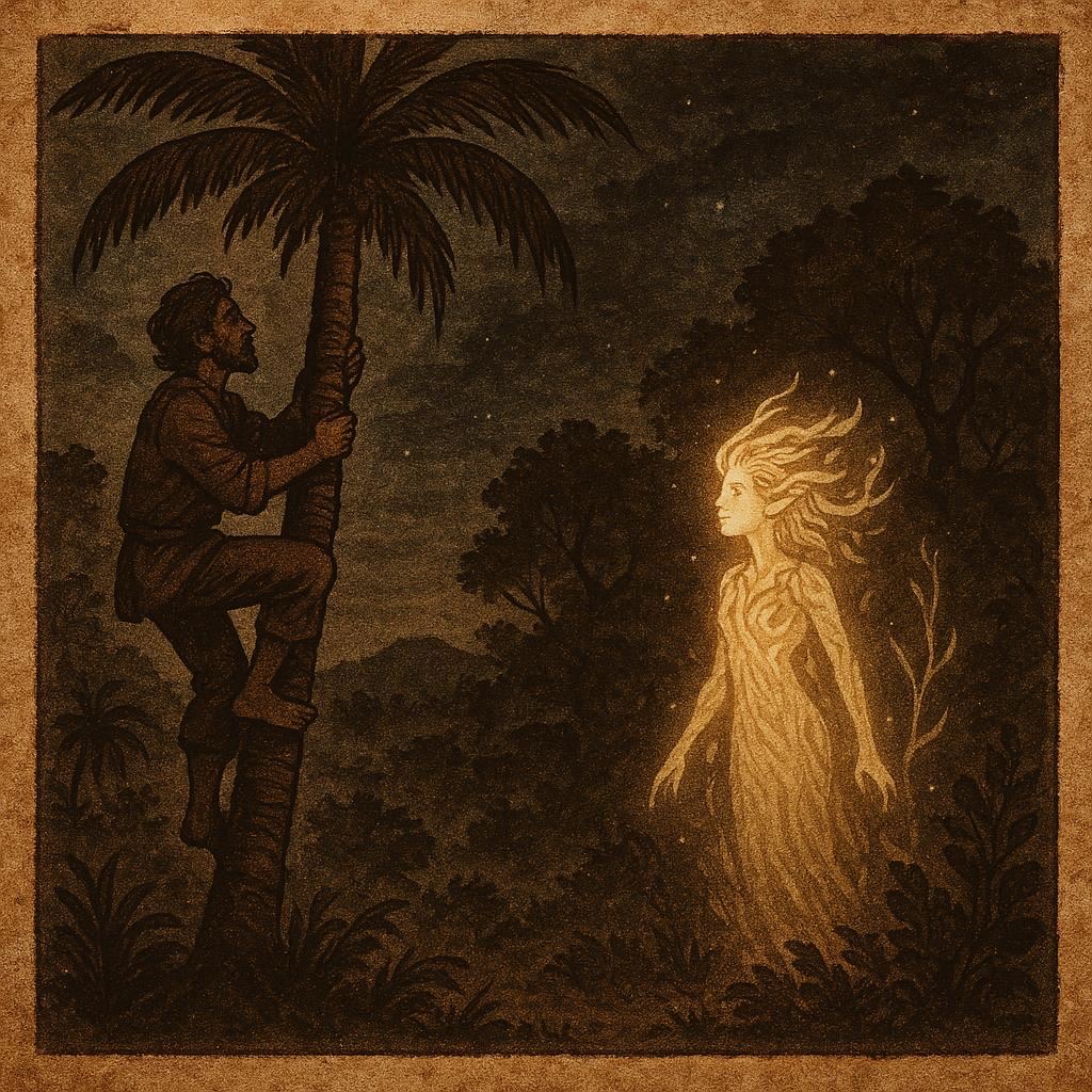 Igbo palm wine tapper chooses plain calabash before the Forest God in the forest.