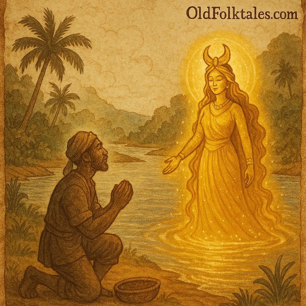 A fisherman kneels before Oshun, the golden river goddess glowing on a tropical riverbank – Yoruba folktales