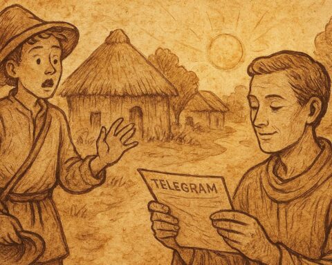 Ashanti man reading a telegram while messenger waits, village huts in background.