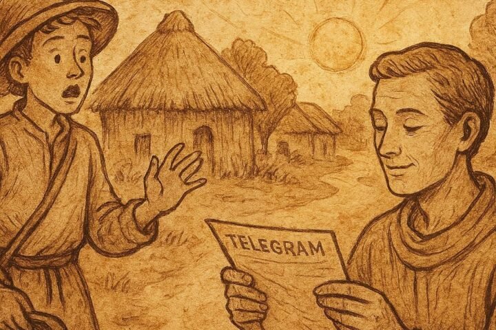 Ashanti man reading a telegram while messenger waits, village huts in background.