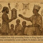 Hwandjelè presenting vodun to King Agadja, Dahomey, sacred ceremony, parchment-style illustration.