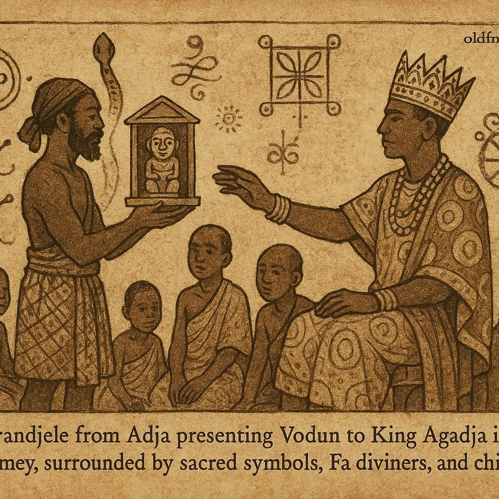 Hwandjelè presenting vodun to King Agadja, Dahomey, sacred ceremony, parchment-style illustration.