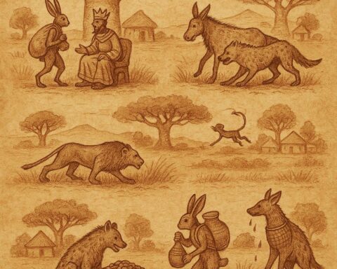 Parchment-style illustration of hare with millet sack and hyena spilling ashes, Senegalese folktale.