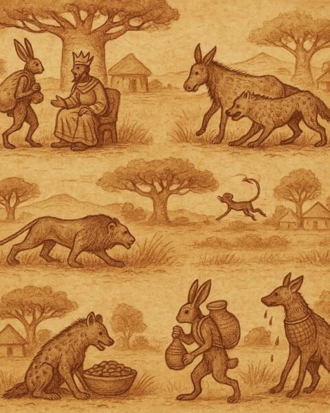 Parchment-style illustration of hare with millet sack and hyena spilling ashes, Senegalese folktale.