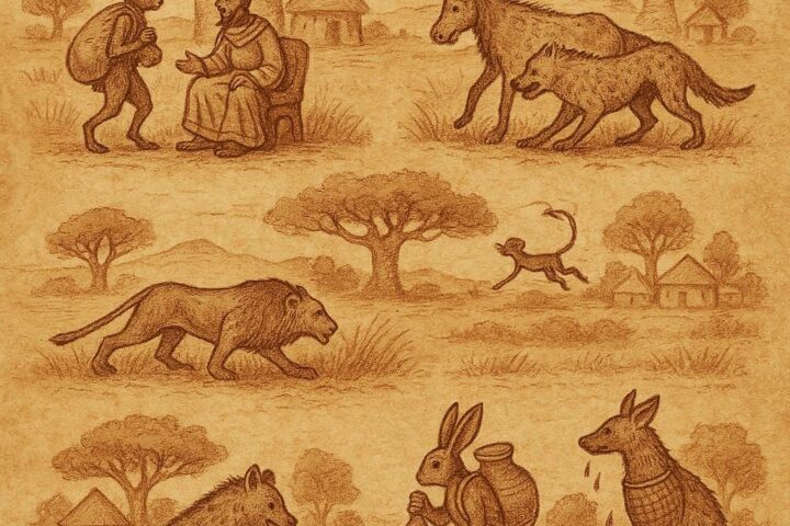 Parchment-style illustration of hare with millet sack and hyena spilling ashes, Senegalese folktale.