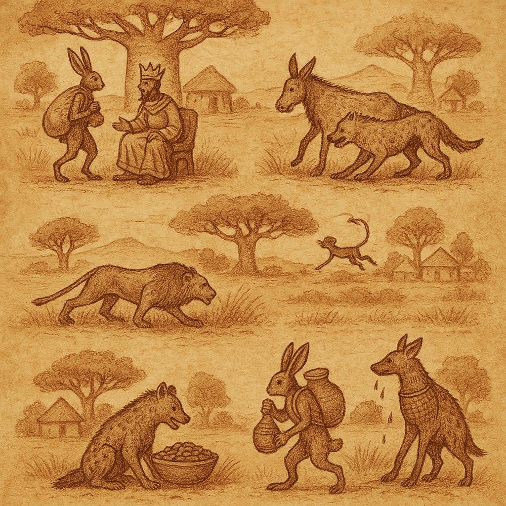 Parchment-style illustration of hare with millet sack and hyena spilling ashes, Senegalese folktale.