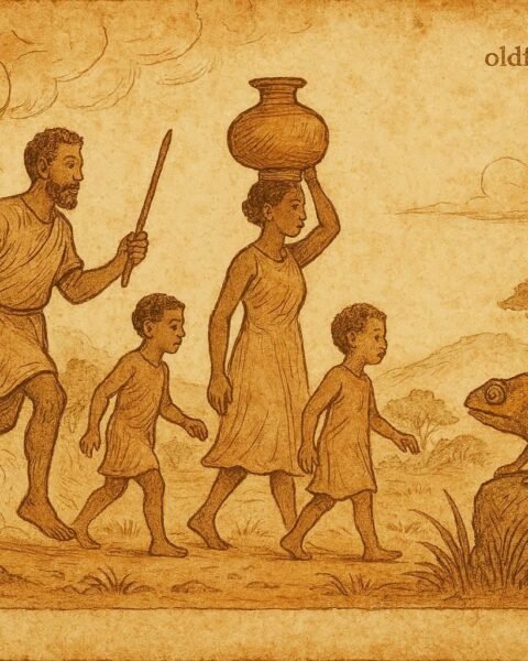 Parchment-style illustration of the first humans descending from the sky, Dahomey folktale origin.