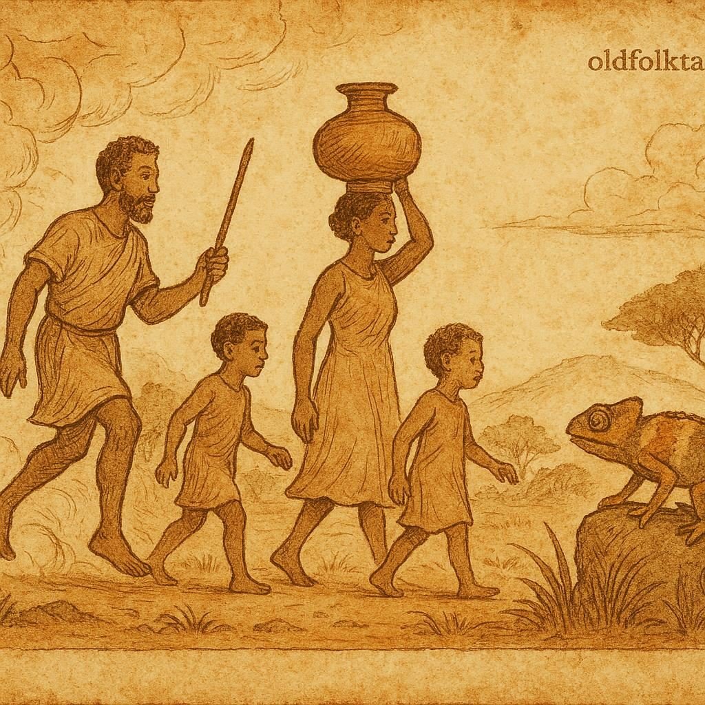 Parchment-style illustration of the first humans descending from the sky, Dahomey folktale origin.