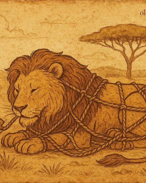 Parchment-style illustration of Mouse freeing trapped Lion from hunters’ net, Ghana folktale with moral lesson.