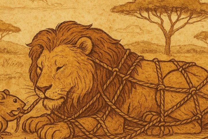 Parchment-style illustration of Mouse freeing trapped Lion from hunters’ net, Ghana folktale with moral lesson.
