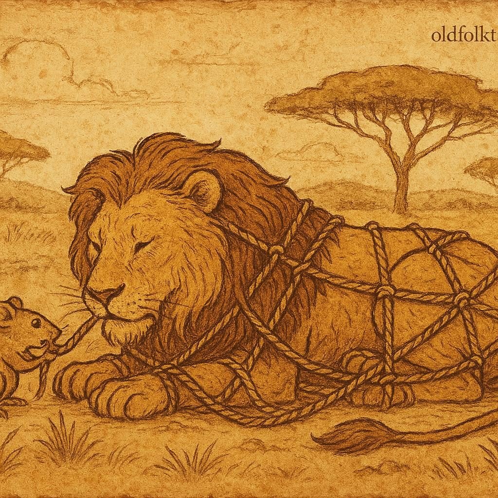 Parchment-style illustration of Mouse freeing trapped Lion from hunters’ net, Ghana folktale with moral lesson.