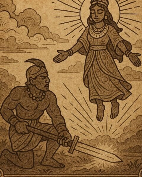Sun God Lisa giving Gu, the spirit of iron, to mankind with a shining sword in Abomey – Dahomean folktale