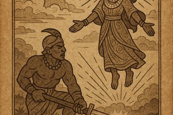 Sun God Lisa giving Gu, the spirit of iron, to mankind with a shining sword in Abomey – Dahomean folktale