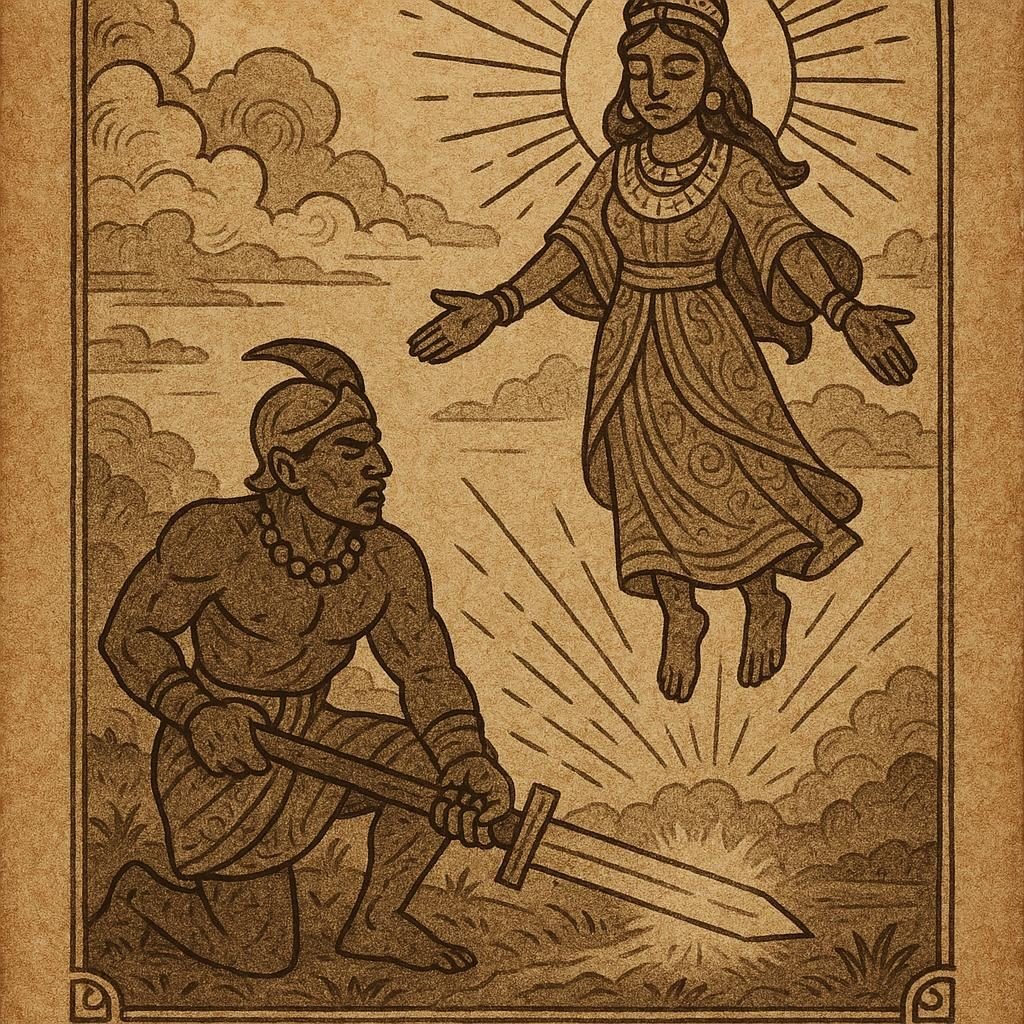 Sun God Lisa giving Gu, the spirit of iron, to mankind with a shining sword in Abomey – Dahomean folktale